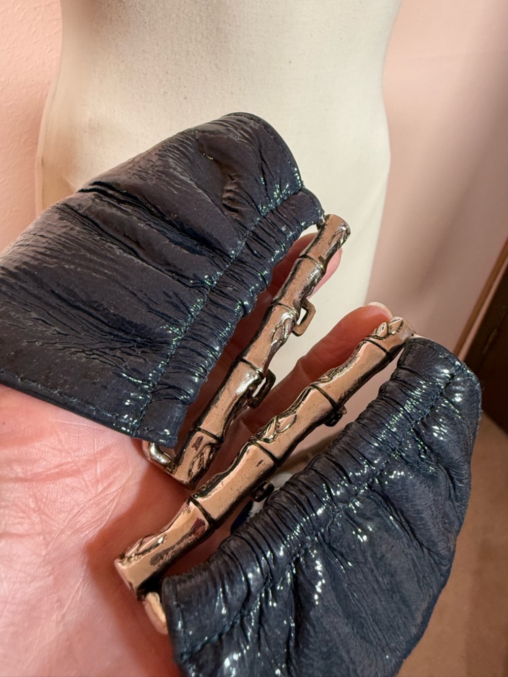 Vintage 1970's Modernist Silver bamboo Navy Blue Paten Leather Corset Wide Belt - Picture 7 of 17